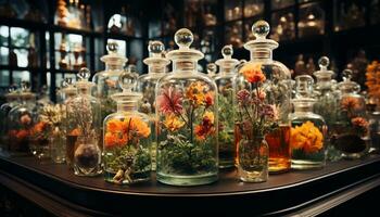 ai generato un ornato vaso collezione decora il ripiano, in mostra eleganza generato di ai foto