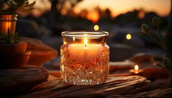ai generato raggiante candela si illumina tranquillo notte, simboleggiante rilassamento e spiritualità generato di ai foto