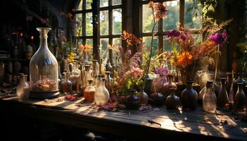 ai generato fresco mazzo di fiori su rustico di legno tavolo in casa generato di ai foto