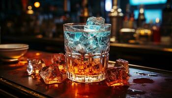 ai generato discoteca bar contatore, scrosciante whisky in highball bicchiere, ghiaccio cubi generato di ai foto