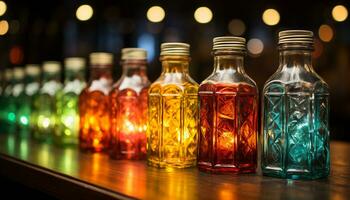 ai generato un' vivace collezione di colorato bottiglie si illumina il bar generato di ai foto