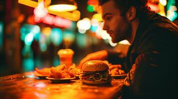 ai generato uomo godendo un' notte su con veloce cibo nel illuminato al neon commensale foto