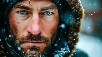 ai generato intenso barbuto dell'uomo viso avvicinamento con i fiocchi di neve nel inverno ambientazione foto