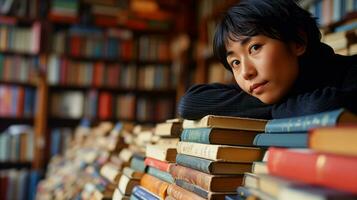 ai generato riflessivo giovane donna pendente su un' pila di libri nel un' biblioteca foto