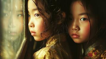 ai generato Due asiatico giovane ragazze guardare su il finestra. generativo ai foto
