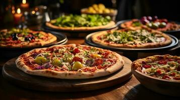 ai generato un' di legno tavolo con tre delizioso pizze su piatti con varietà di condimenti, dall'alto al basso tiro foto