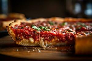 ai generato in profondità piatto Chicago stile Pizza su un' piatto, macro tiro foto