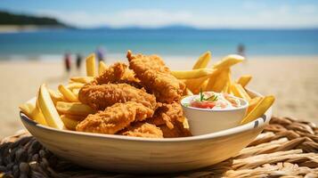 ai generato un' piatto di pesce e patatine fritte servito nel un' di legno cestino, medio angolo tiro foto