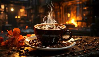 ai generato caldo caffè su di legno tavolo, vapore in aumento, accogliente e confortante generato di ai foto
