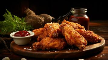 ai generato d'oro Marrone croccante fritte pollo con salsa su un' di legno tavolo, medio angolo tiro foto