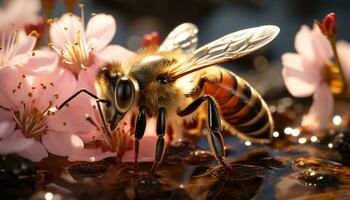 ai generato occupato miele ape impollinazione un' giallo fiore nel natura generato di ai foto