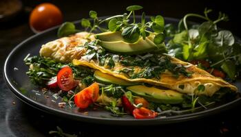 ai generato freschezza su piatto grigliato carne, salutare insalata, fatti in casa guacamole generato di ai foto