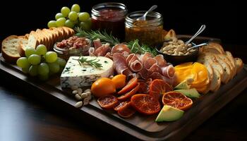 ai generato un' buongustaio pasto fresco carne, frutta, e pane su un' di legno tavolo generato di ai foto