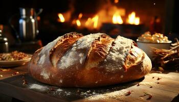 ai generato appena al forno pane su rustico tavolo, un' buongustaio festa attende generato di ai foto