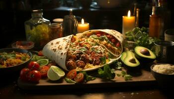 ai generato fatti in casa guacamole, fresco pomodoro, e grigliato carne su tortilla generato di ai foto