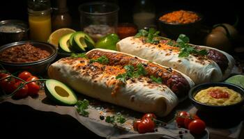 ai generato grigliato Manzo taco con guacamole, pomodoro, e coriandolo su tortilla generato di ai foto