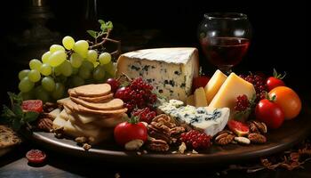 ai generato freschezza e varietà su un' rustico di legno tavolo uva, pane, formaggio, pomodoro, vino generato di ai foto