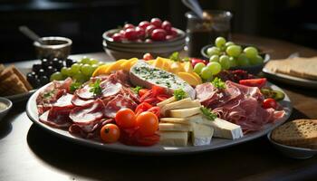 ai generato un' buongustaio pasto prosciutto, pane, freschezza, pomodoro, uva, variazione generato di ai foto