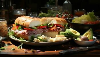 ai generato grigliato Maiale Sandwich su Ciabatta, fresco insalata, salutare picnic pasto generato di ai foto