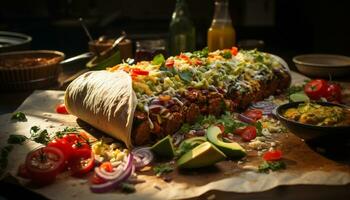 ai generato grigliato Manzo taco con fresco guacamole su focaccia, delizioso pasto generato di ai foto