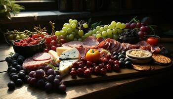 ai generato un' buongustaio pasto fresco frutta, carne, pane, e vino generato di ai foto