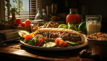 ai generato grigliato Manzo taco con fresco guacamole, pomodoro, e coriandolo generato di ai foto