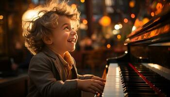 ai generato sorridente pianista giocando, portando felicità attraverso musica, infanzia gioia generato di ai foto