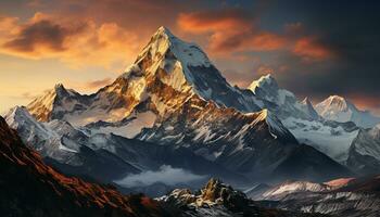 ai generato maestoso montagna picco, neve coperto, tramonto vernici natura panoramico bellezza generato di ai foto