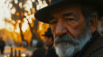 ai generato anziano uomo con un' cappello ritratto a tramonto, d'oro ora calore foto