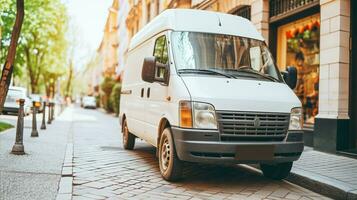 ai generato un' piccolo bianca consegna camion parcheggiata su il strada. generativo ai foto