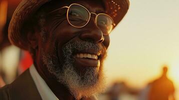 ai generato anziano africano americano uomo sorridente a tramonto all'aperto foto