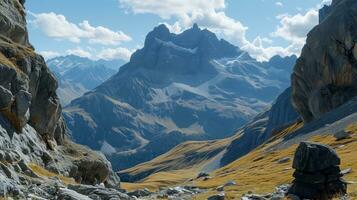 ai generato foto di montagna scenario con rocce e erba nel il sfondo. generativo ai