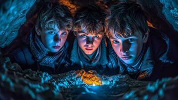 ai generato tre giovane ragazzi nel un' grotta con un' blu luce. generativo ai foto