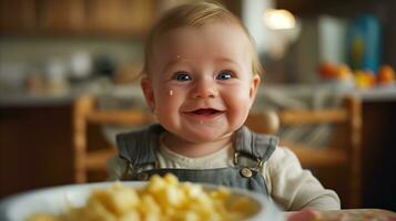 ai generato bambino mangia cibo e sorrisi. generativo ai foto