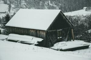 panorama di il villaggio nel il inverno montagne coperto con neve. inverno paesaggio. il concetto di la libertà e solitudine. foto