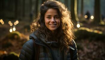 ai generato giovane donna con Marrone capelli sorridente all'aperto, godendo autunno natura generato di ai foto