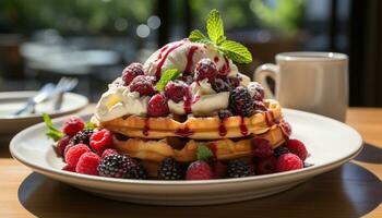 ai generato fresco frutta dolce su di legno piatto con menta foglia contorno generato di ai foto