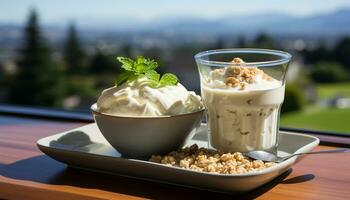 ai generato freschezza su tavolo Yogurt, dolce, pasto, vicino su, crema, buongustaio generato di ai foto