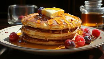 ai generato appena al forno Pancakes con frutti di bosco, sciroppo, e cioccolato su di legno tavolo generato di ai foto