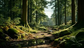 ai generato tranquillo scena di autunno verde foglie, bagnato erba, fluente acqua generato di ai foto