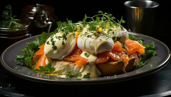 ai generato freschezza su piatto grigliato carne, salutare insalata, e biologico verdure generato di ai foto