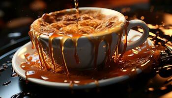 ai generato fatti in casa cioccolato dolce, fusione crema, scrosciante su caldo caffè generato di ai foto