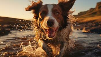 ai generato carino cucciolo giocando nel il acqua, puro gioia e felicità generato di ai foto