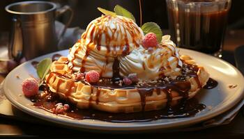 ai generato appena al forno Pancakes con cioccolato salsa, frustato crema, e frutti di bosco generato di ai foto