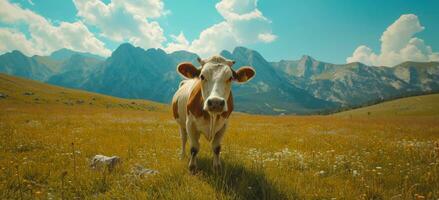 ai generato uno mucca pascolo su un' campo con montagne dietro a esso. foto