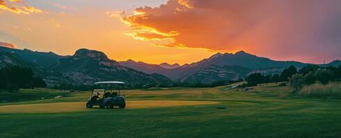 ai generato golf carrello a tramonto su il golf corso con montagne nel sfondo foto