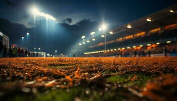 ai generato notte sport su erba illuminato all'aperto con buio illuminazione attrezzatura generato di ai foto