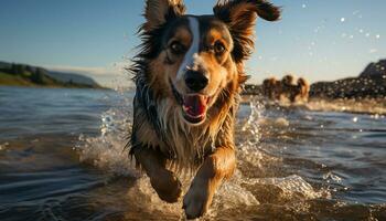 ai generato un' carino, bagnato cucciolo giocando nel il acqua, puro gioia generato di ai foto