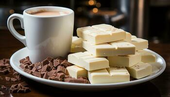 ai generato fresco latte, cioccolato dolce, dolce caramella, caldo caffè, indulgenza su tavolo generato di ai foto