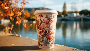 ai generato caffè tazza su di legno tavolo, godendo natura rinfrescante caffeina generato di ai foto